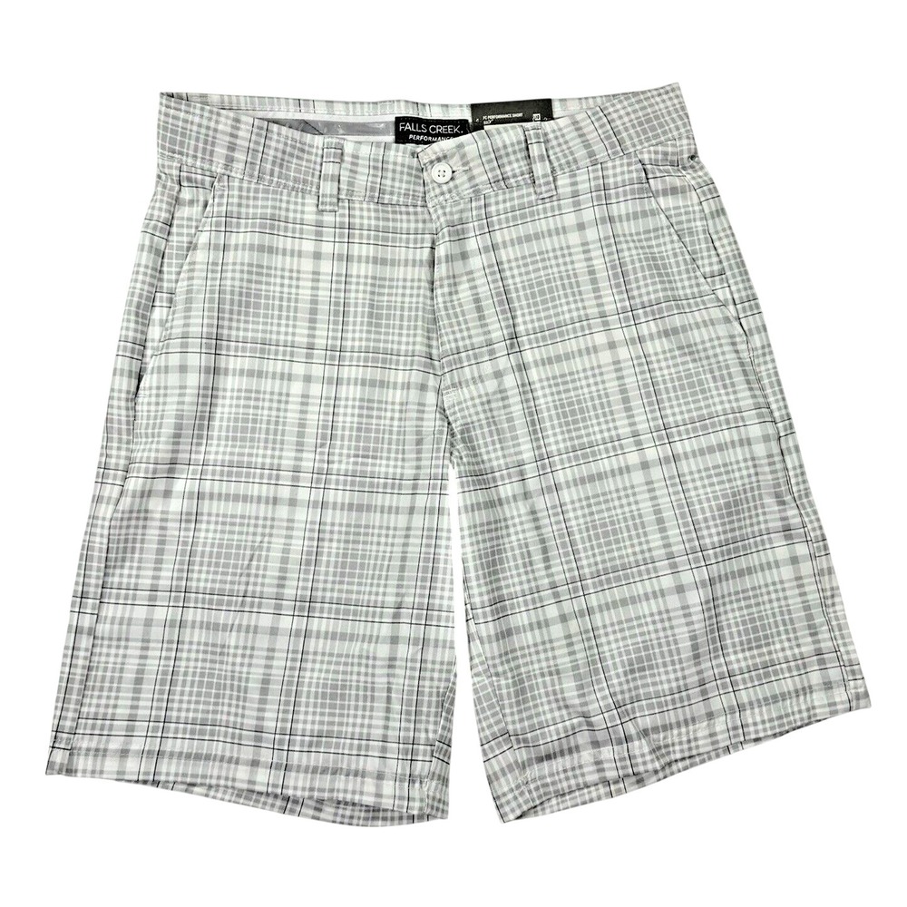 Falls Creek Performance Shorts Mens 30 Grey White Plaid Flat Front Golf Stretch